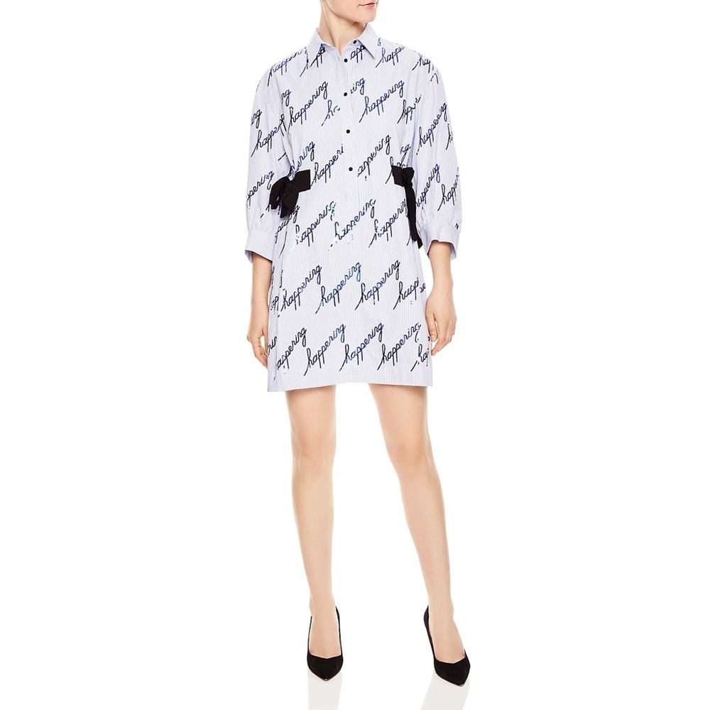 Sandro Bleu Ciel Mini Shirt Dress Pinstripes Sequins Blue White